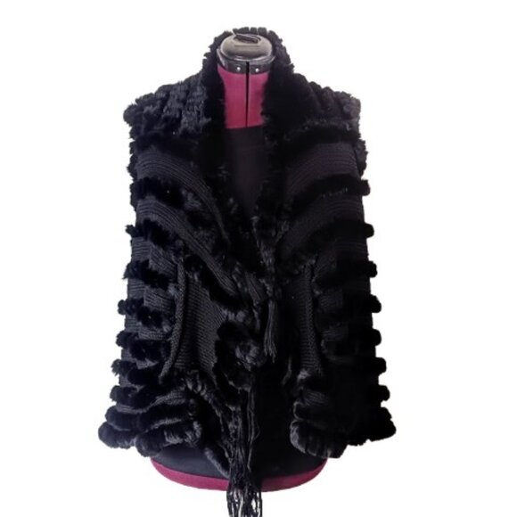 Belle Fare Black Rex Rabbit Fur Knitted Wool Fringe Vest - Picture 3 of 7
